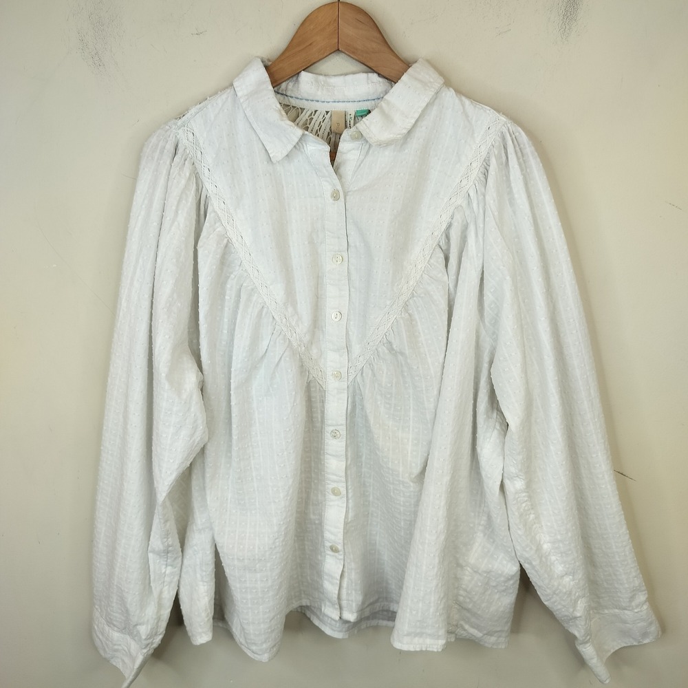 Pilcro Anthropologie Blouse 2X Cottagecore Crochet Lace Back Dobby Cotton